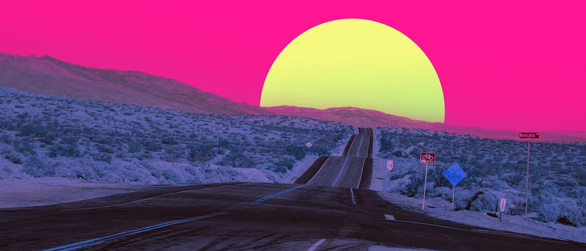 Surreal colorful desert with straight road heading to stunning big sun.