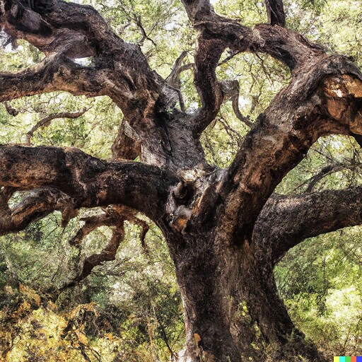 DALL·E 2023-10-13 16.47.27 - A gnarled oak that towers over everything, has accumulated a lot of knowledge in its annual rings and defies every wind